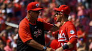 Jul 13, 2025; Cincinnati, Ohio, USA; Cincinnati Reds manager Terry Francona (77) shakes hands with outfielder TJ Friedl (29) after the victory over the Colorado Rockies at Great American Ball Park. Mandatory Credit: Katie Stratman-Imagn Images