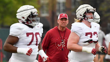 Mar 21, 2024; Tuscaloosa, Alabama, USA; Alabama head coach Kalen DeBoer yells at lineman to run between drill stations during practice at the University Alabama Thursday.