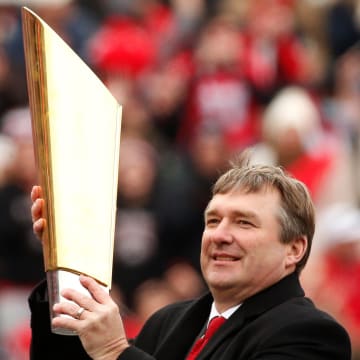 Georgia football coach Kirby Smart during the national championship celebration at Sanford Stadium in Athens on Jan. 15, 2022.