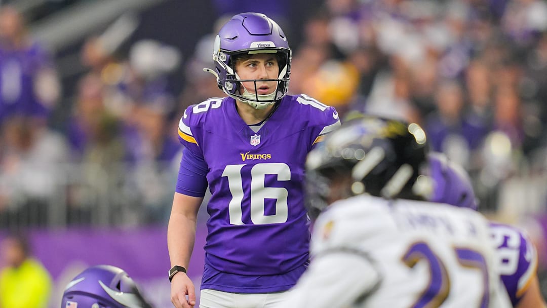 Nov 9, 2025; Minneapolis, Minnesota, USA; Minnesota Vikings place kicker Will Reichard (16) kicks a field goal against the Baltimore Ravens in the second quarter at U.S. Bank Stadium. Mandatory Credit: Brad Rempel-Imagn Images