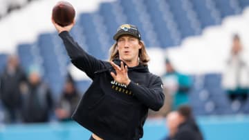 Jan 7, 2024; Nashville, Tennessee, USA;  Jacksonville Jaguars quarterback Trevor Lawrence (16) throws during pre-game warmups against the Tennessee Titans at Nissan Stadium. Mandatory Credit: Steve Roberts-USA TODAY Sports