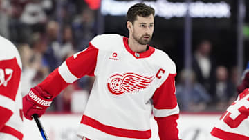 Mar 25, 2025; Denver, Colorado, USA; Detroit Red Wings center Dylan Larkin (71) before the game against the Colorado Avalanche at Ball Arena. Mandatory Credit: Ron Chenoy-Imagn Images