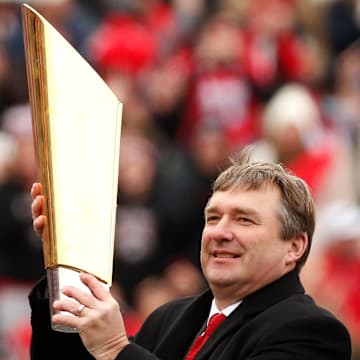 Georgia football coach Kirby Smart during the the national championship celebration at Sanford Stadium in Athens on Jan. 15, 2022.