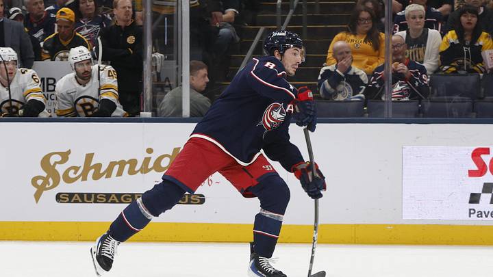 Apr 12, 2026; Columbus, Ohio, USA; Columbus Blue Jackets defenseman Zach Werenski (8) wrists a shot on goal against the Boston Bruins during the first period at Nationwide Arena. Mandatory Credit: Russell LaBounty-Imagn Images
