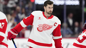 Mar 25, 2025; Denver, Colorado, USA; Detroit Red Wings center Dylan Larkin (71) before the game against the Colorado Avalanche at Ball Arena. Mandatory Credit: Ron Chenoy-Imagn Images