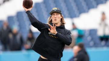 Jan 7, 2024; Nashville, Tennessee, USA;  Jacksonville Jaguars quarterback Trevor Lawrence (16) throws during pre-game warmups against the Tennessee Titans at Nissan Stadium. Mandatory Credit: Steve Roberts-USA TODAY Sports