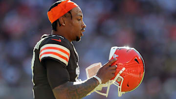 Former Browns quarterback Dorian Thompson-Robinson heads back to the bench during the second half against the Bengals, Oct. 20, 2024, in Cleveland.