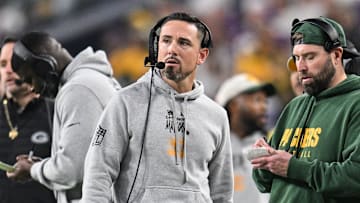 Dec 29, 2024; Minneapolis, Minnesota, USA; Green Bay Packers head coach Matt LaFleur looks on during the second quarter against the Minnesota Vikings at U.S. Bank Stadium. Mandatory Credit: Jeffrey Becker-Imagn Images