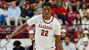 Nov 4, 2024; Tuscaloosa, Alabama, USA; Alabama forward Aiden Sherrell (22) bring the ball up court against UNC Asheville at Coleman Coliseum.