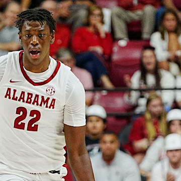 Nov 4, 2024; Tuscaloosa, Alabama, USA; Alabama forward Aiden Sherrell (22) bring the ball up court against UNC Asheville at Coleman Coliseum.