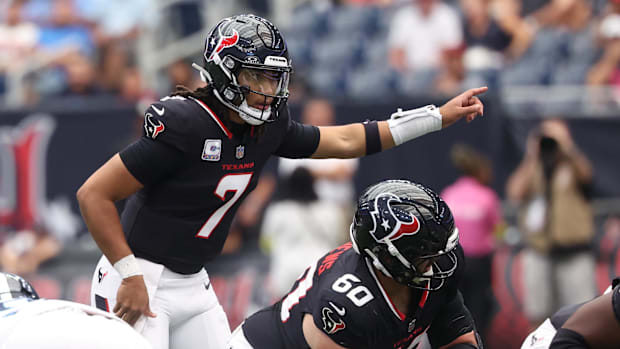 Sep 28, 2025; Houston, Texas, USA; Houston Texans quarterback CJ. Stroud (7) calls an audible during the first half against t