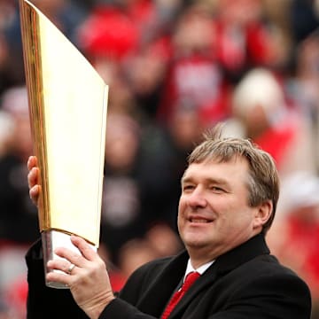 Georgia football coach Kirby Smart during the the national championship celebration at Sanford Stadium in Athens on Jan. 15, 2022.