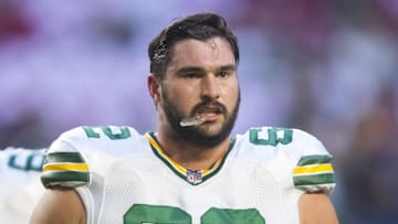 Oct 28, 2021; Glendale, Arizona, USA; Green Bay Packers guard Lucas Patrick (62) against the Arizona Cardinals at State Farm Stadium. Mandatory Credit: Mark J. Rebilas-Imagn Images