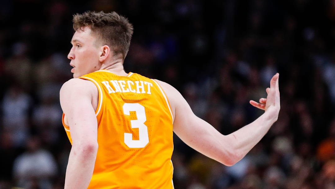 Tennessee guard Dalton Knecht (3) celebrates a three-point basket against Purdue during the second half of the NCAA tournament Midwest Regional Elite 8 on Sunday, March 31, 2024.
