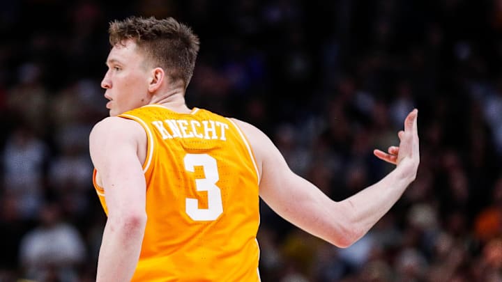 Tennessee guard Dalton Knecht (3) celebrates a three-point basket against Purdue during the second half of the NCAA tournament Midwest Regional Elite 8 on Sunday, March 31, 2024.