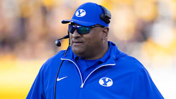 Nov 23, 2024; Tempe, Arizona, USA; Brigham Young Cougars head coach Kalani Sitake against the Arizona State Sun Devils at Mountain America Stadium. 