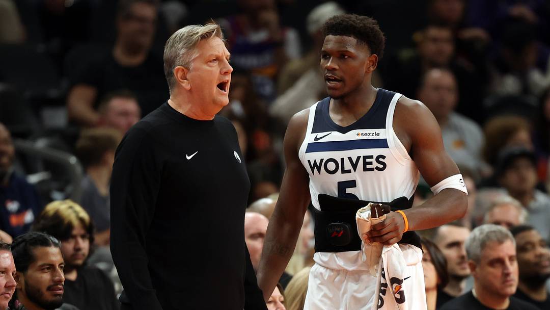 Nov 21, 2025; Phoenix, Arizona, USA; Minnesota Timberwolves head coach Chris Finch with guard Anthony Edwards (5) against the Phoenix Suns during an NBA Cup game at Mortgage Matchup Center. Mandatory Credit: Mark J. Rebilas-Imagn Images Nov 21, 2025; Phoenix, Arizona, USA; Minnesota Timberwolves head coach Chris Finch with guard Anthony Edwards (5) against the Phoenix Suns during an NBA Cup game at Mortgage Matchup Center. Mandatory Credit: Mark J. Rebilas-Imagn Images