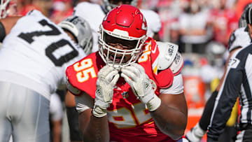 Kansas City Chiefs defensive end Chris Jones (95) celebrates after a sack against the Las Vegas Raiders during the third quarter of the game at GEHA Field at Arrowhead Stadium.