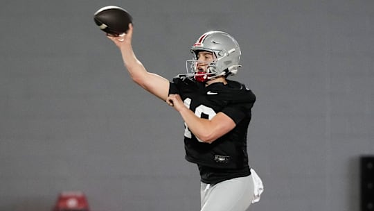 Ohio State Buckeyes quarterback Julian Sayin (10) throws during spring football practice at the Woody Hayes Athletic Center in Columbus on March 19, 2025.