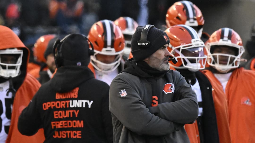 Dec 14, 2025; Chicago, Illinois, USA; Cleveland Browns head coach Kevin Stefanski looks on during the fourth quarter against the Chicago Bears at Soldier Field. Mandatory Credit: Matt Marton-Imagn Images