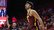 Mar 9, 2025; Piscataway, New Jersey, USA; Minnesota Golden Gophers forward Dawson Garcia (3) looks up after making a three point basket during the first half against the Rutgers Scarlet Knights at Jersey Mike's Arena. Mandatory Credit: Vincent Carchietta-Imagn Images