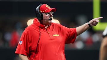 Sep 22, 2024; Atlanta, Georgia, USA; Kansas City Chiefs head coach Andy Reid on the sideline against the Atlanta Falcons in the fourth quarter at Mercedes-Benz Stadium. Mandatory Credit: Brett Davis-Imagn Images