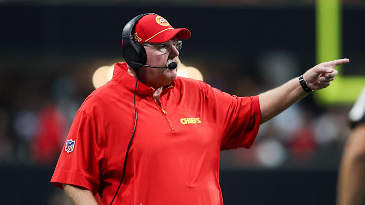 Sep 22, 2024; Atlanta, Georgia, USA; Kansas City Chiefs head coach Andy Reid on the sideline against the Atlanta Falcons in the fourth quarter at Mercedes-Benz Stadium. Mandatory Credit: Brett Davis-Imagn Images