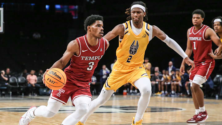 Hysier Miller dribbles during Temple's 78–73 win over Albany on Dec. 10, 2023.