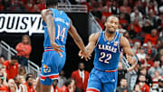 Kansas Jayhawks guard Darryn Peterson (22) scored 26 points as the Jayhawks beat host Louisville 90-82 during an exhibition game at the KFC Yum! Center in Louisville, Kentucky Friday, October 24, 2025.