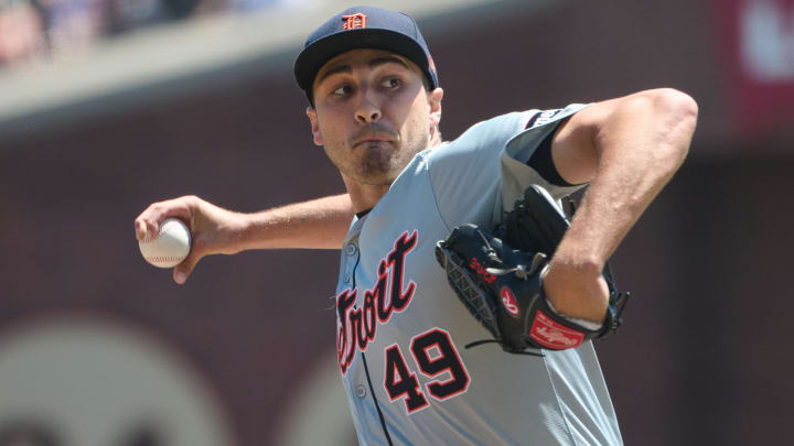 Aug 10, 2024; San Francisco, California, USA; Detroit Tigers starting pitcher Alex Faedo (49) throws a pitch against the San Francisco Giants  during the first inning at Oracle Park