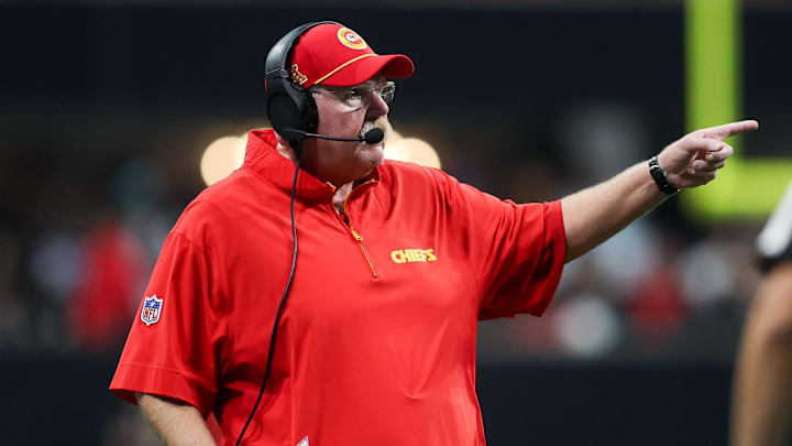 Sep 22, 2024; Atlanta, Georgia, USA; Kansas City Chiefs head coach Andy Reid on the sideline against the Atlanta Falcons in the fourth quarter at Mercedes-Benz Stadium. Mandatory Credit: Brett Davis-Imagn Images