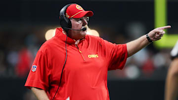 Sep 22, 2024; Atlanta, Georgia, USA; Kansas City Chiefs head coach Andy Reid on the sideline against the Atlanta Falcons in the fourth quarter at Mercedes-Benz Stadium. Mandatory Credit: Brett Davis-Imagn Images