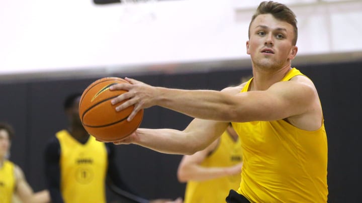 Iowa’s Carter Kingsbury drives to the basket during drills at practice Monday, July 8, 2024 in Iowa City, Iowa.