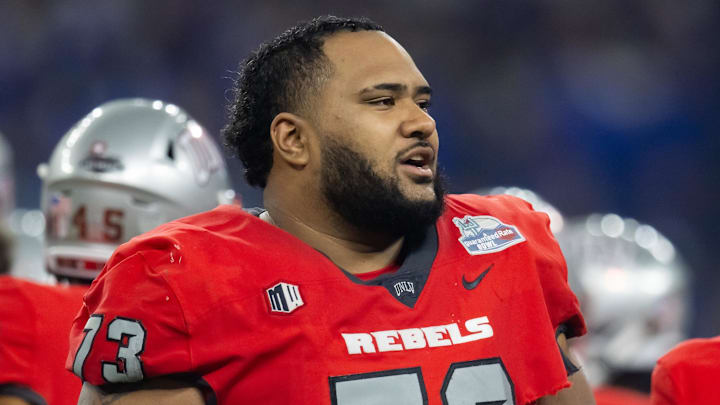 UNLV Rebels offensive lineman Alani Makihele (73) against the Kansas Jayhawks in the Guaranteed Rate Bowl at Chase Field. 