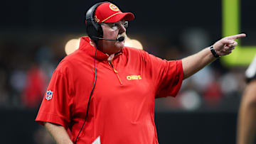 Kansas City Chiefs head coach Andy Reid on the sideline against the Atlanta Falcons in the fourth quarter at Mercedes-Benz Stadium.