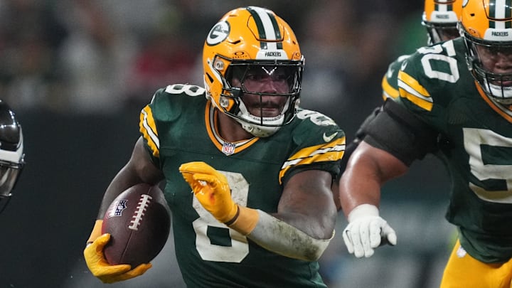 Sep 6, 2024; Sao Paulo, BRA; Green Bay Packers running back Josh Jacobs (8) runs during the second half against the Philadelphia Eagles at Neo Quimica Arena. Mandatory Credit: Kirby Lee-Imagn Images