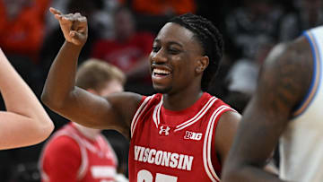 Mar 14, 2025; Indianapolis, IN, USA; Wisconsin Badgers guard John Blackwell (25) Mandatory Credit: Robert Goddin-Imagn Images