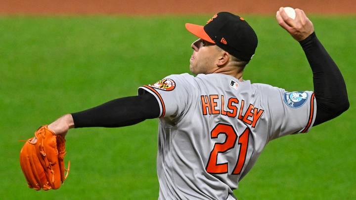 Apr 17, 2026; Cleveland, Ohio, USA; Baltimore Orioles relief pitcher Ryan Helsley (21) delivers a pitch in the ninth inning against the Cleveland Guardians at Progressive Field. Mandatory Credit: David Richard-Imagn Images