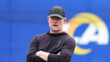 May 28, 2025; Woodland Hills, CA, USA; Los Angeles Rams general manager Les Snead reacts during organized team activities at Rams Practice Facility. Mandatory Credit: Kirby Lee-Imagn Images