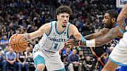 Nov 5, 2023; Dallas, Texas, USA; Charlotte Hornets guard LaMelo Ball (1) in action during the game between the Dallas Mavericks and the Charlotte Hornets at the American Airlines Center. Mandatory Credit: Jerome Miron-Imagn Images