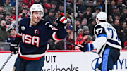 Feb 13, 2025; Montreal, Quebec, CAN; [Imagn Images direct customers only] Team USA forward Matthew Tkachuk (19) celebrates his goal against Team Finland in the third period during a 4 Nations Face-Off ice hockey game at Bell Centre. Mandatory Credit: David Kirouac-Imagn Images