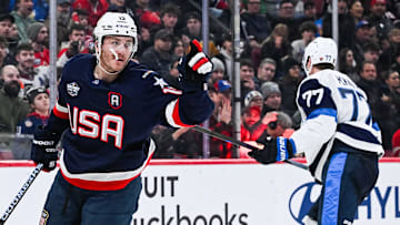 Feb 13, 2025; Montreal, Quebec, CAN; [Imagn Images direct customers only] Team USA forward Matthew Tkachuk (19) celebrates his goal against Team Finland in the third period during a 4 Nations Face-Off ice hockey game at Bell Centre. Mandatory Credit: David Kirouac-Imagn Images