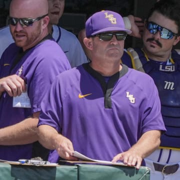 May 31, 2024; Chapel Hill, NC, USA; LSU Head Coach Jay Johnson watches during the ninth inning against the Wofford Terriers during the NCAA Regional in Chapel Hill. Mandatory Credit: Jim Dedmon-USA TODAY Sports