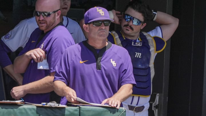 May 31, 2024; Chapel Hill, NC, USA; LSU Head Coach Jay Johnson watches during the ninth inning against the Wofford Terriers during the NCAA Regional in Chapel Hill. Mandatory Credit: Jim Dedmon-USA TODAY Sports