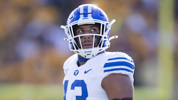 Nov 23, 2024; Tempe, Arizona, USA; Brigham Young Cougars defensive end Isaiah Bagnah (13) against the Arizona State Sun Devils at Mountain America Stadium. Mandatory Credit: Mark J. Rebilas-Imagn Images