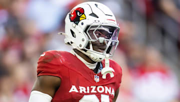 Jan 5, 2025; Glendale, Arizona, USA; Arizona Cardinals cornerback Garrett Williams (21) against the San Francisco 49ers at State Farm Stadium. Mandatory Credit: Mark J. Rebilas-Imagn Images