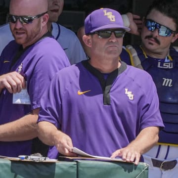 May 31, 2024; Chapel Hill, NC, USA; LSU Head Coach Jay Johnson watches during the ninth inning against the Wofford Terriers during the NCAA Regional in Chapel Hill. Mandatory Credit: Jim Dedmon-USA TODAY Sports