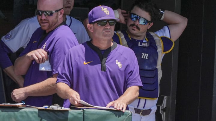 May 31, 2024; Chapel Hill, NC, USA; LSU Head Coach Jay Johnson watches during the ninth inning against the Wofford Terriers during the NCAA Regional in Chapel Hill. Mandatory Credit: Jim Dedmon-USA TODAY Sports