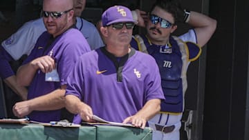 May 31, 2024; Chapel Hill, NC, USA; LSU Head Coach Jay Johnson watches during the ninth inning against the Wofford Terriers during the NCAA Regional in Chapel Hill. Mandatory Credit: Jim Dedmon-Imagn Images
