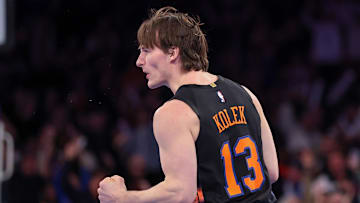 Nov 28, 2025; New York, New York, USA; New York Knicks guard Tyler Kolek (13) reacts after making a baked during the second half against the Milwaukee Bucks at Madison Square Garden. Mandatory Credit: Vincent Carchietta-Imagn Images